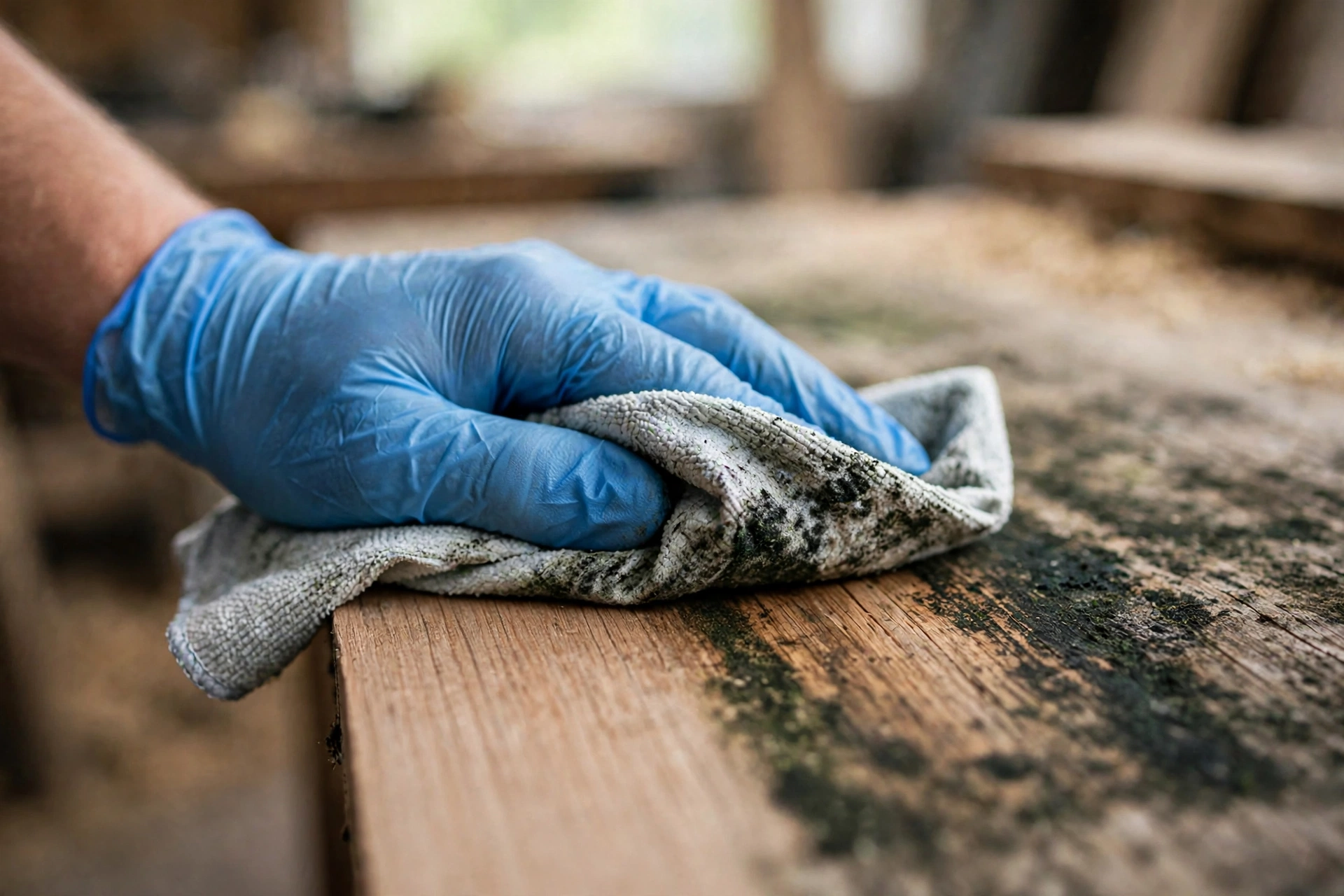 Gloved hand wiping mold stain from wood
