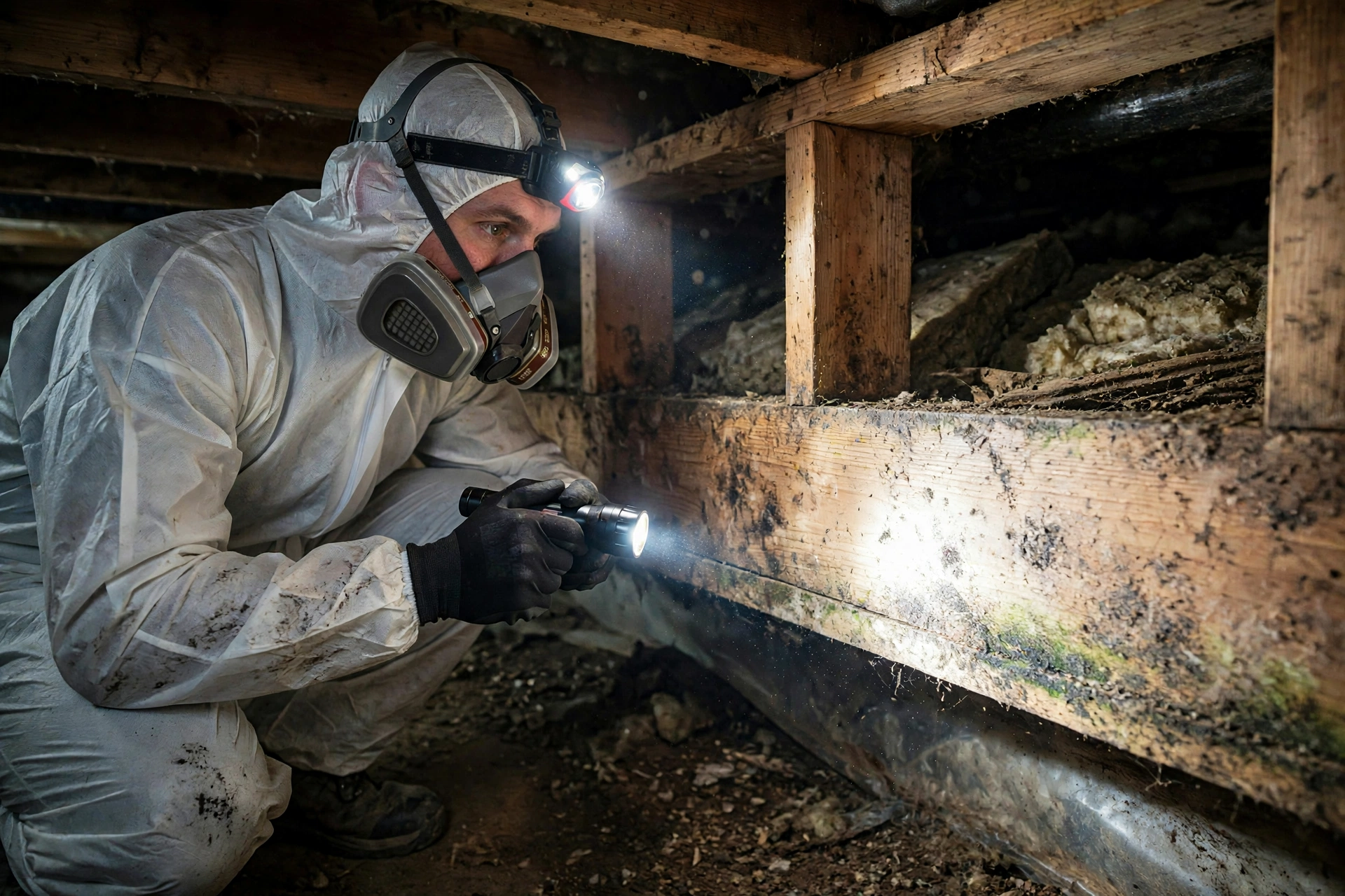 Inspector in protective suit and respirator examining a crawlspace joist with a flashlight
