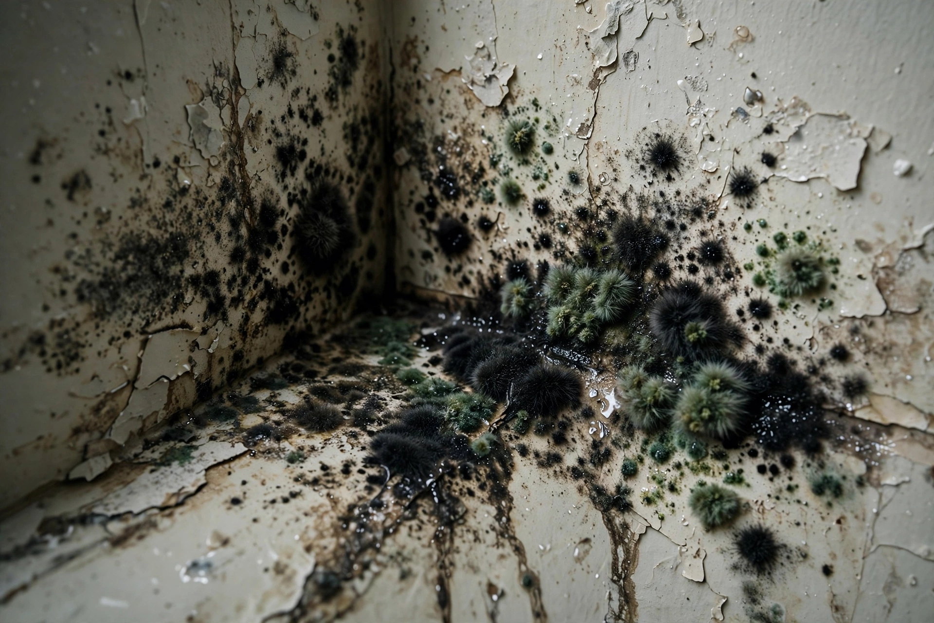 Close-up of mold growth in a damp corner